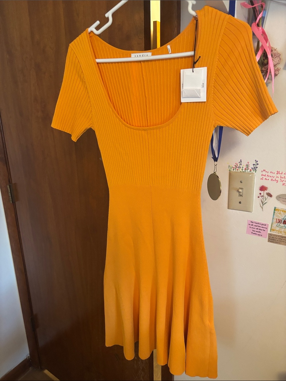 Sandro Bright Orange Ribbed Scoop-Neck Mini Dress